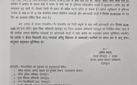 देहरादून में भारी बारिश का अलर्ट, स्कूलों में छुट्टियों की घोषणा