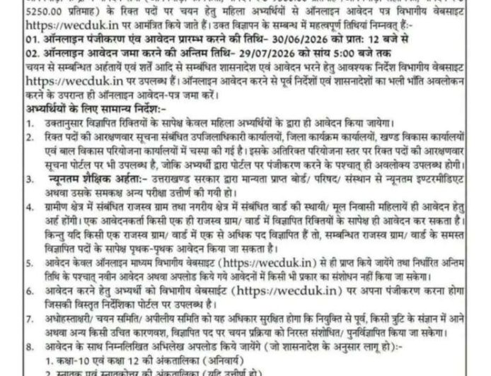 देहरादून में आंगनवाड़ी कार्यकर्तियों की भर्ती के लिए आवेदन प्रक्रिया शुरू