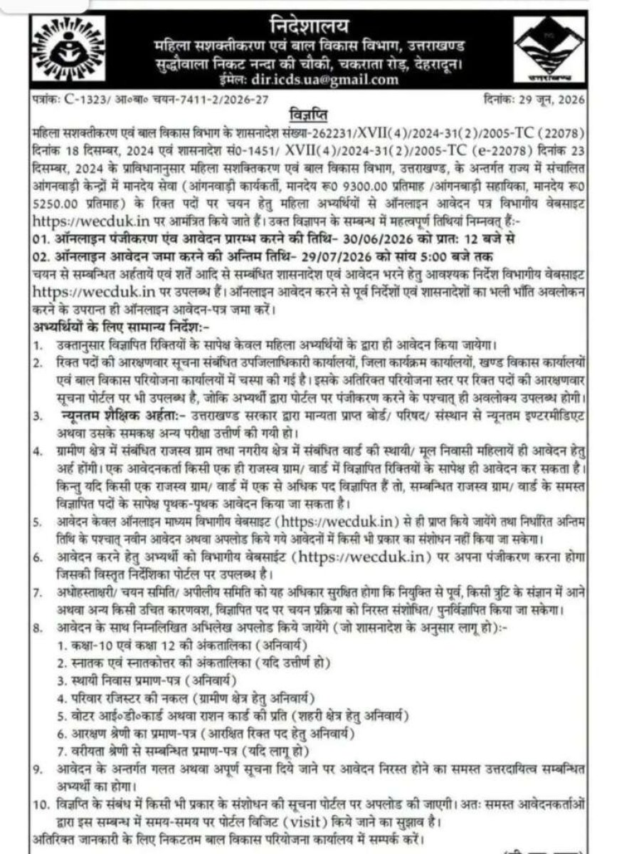 देहरादून में आंगनवाड़ी कार्यकर्तियों की भर्ती के लिए आवेदन प्रक्रिया शुरू
