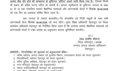 देहरादून में भारी बारिश के ऑरेंज अलर्ट के चलते 6 अगस्त को सभी स्कूल और आंगनबाड़ी केंद्र बंद