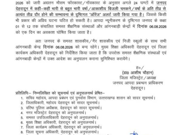 देहरादून में भारी बारिश के ऑरेंज अलर्ट के चलते 6 अगस्त को सभी स्कूल और आंगनबाड़ी केंद्र बंद
