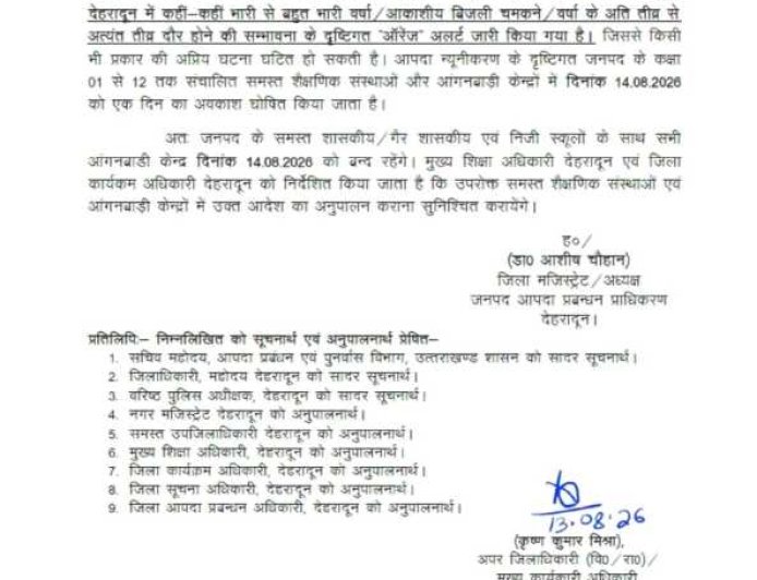 देहरादून में भारी बारिश के अलर्ट के चलते 14 अगस्त को स्कूल और आंगनबाड़ी केंद्र बंद।