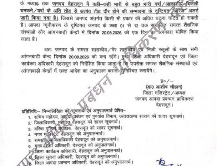 देहरादून में बारिश के कारण सभी स्कूल और आंगनबाड़ी बंद, कक्षा 1 से 12 तक शिक्षण संस्थानों में अवकाश
