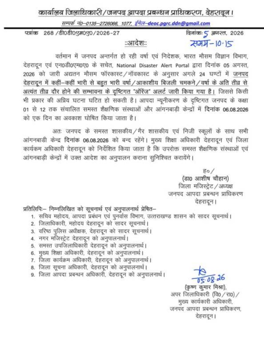 देहरादून में भारी बारिश के ऑरेंज अलर्ट के चलते 6 अगस्त को सभी स्कूल और आंगनबाड़ी केंद्र बंद