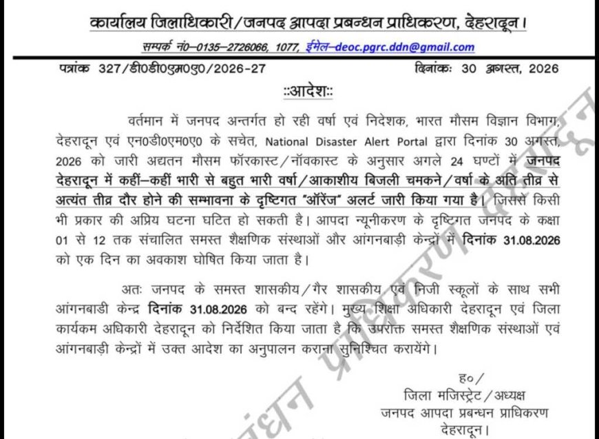 देहरादून में भारी बारिश का अलर्ट: 31 अगस्त को स्कूल और आंगनबाड़ी केंद्र बंद।